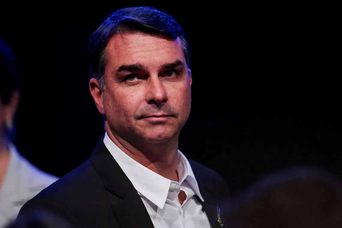 FILE PHOTO: Senator Flavio Bolsonaro, the Liberal Party (PL) candidate in Brazil's presidential election, gestures during an event announcing Alfredo Gaspar as Bolsonaro's vice-presidential running mate, in Brasilia, Brazil, August 5, 2026. REUTERS/Adriano Machado/File Photo