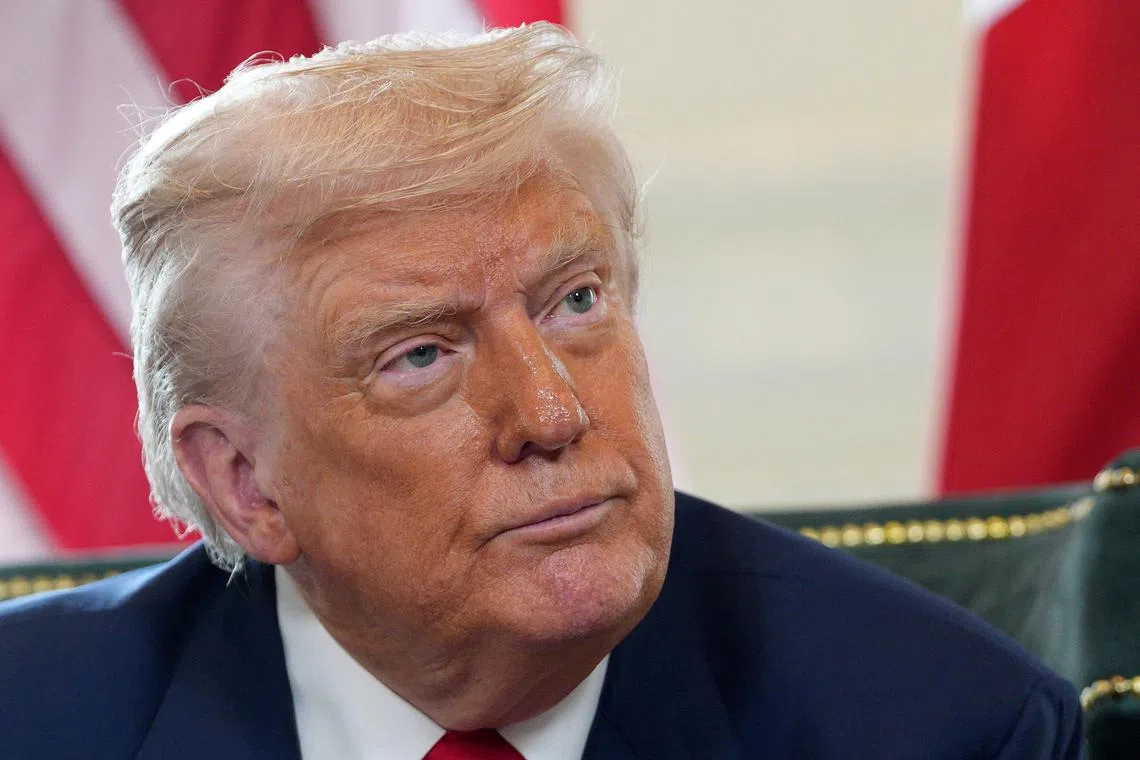 U.S. President Donald Trump looks on as he meets with British Prime Minister Keir Starmer (not pictured) at Trump Turnberry golf club on July 28, 2025 in Turnberry, Scotland, Britain. Christopher Furlong/Pool via REUTERS