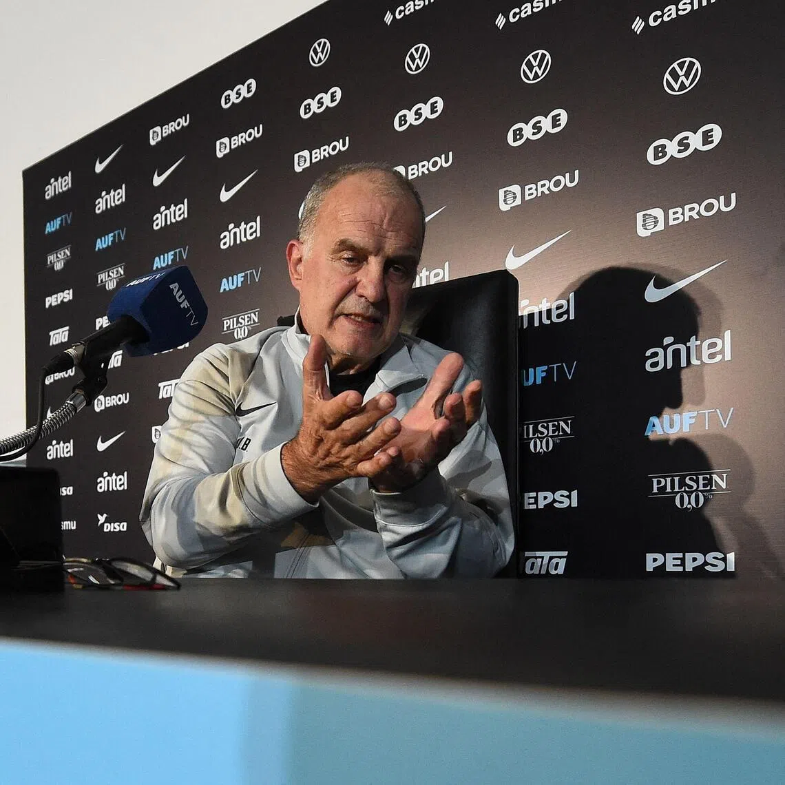 Uruguay coach Marcelo Bielsa gestures during a press conference in Montevideo on Nov 20.