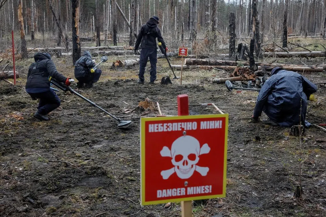 Employees of the HALO Trust (Hazardous Area Life-support Organization), a humanitarian non-government organisation which primarily works to clear landmines and other explosive devices use metal detectors to search for mines and unexploded ordnance left behind after Russia occupied the area, amid Russia's attack on Ukraine, near the village of Myrotske in Kyiv region, Ukraine April 8, 2026. REUTERS/Gleb Garanich