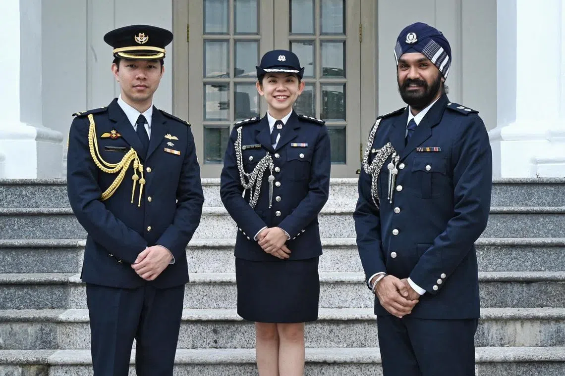 (From left) Major Muhammad Iskandar Dzulfadhli, Superintendent Ong Ruo Cheng and Deputy Superintendent of Police Ravinder Singh were part of the 102 honorary aides-de-camp appointed by President Halimah Yacob.