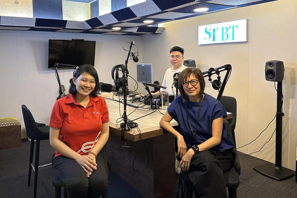 (From left) Head of Touch Cyber Wellness Joanne Wong,  ST podcast producer Eden Soh and ST senior health correspondent Joyce Teo in the podcast studio.