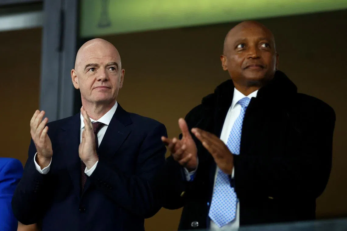 Soccer Football - CAF Africa Cup of Nations - Morocco 2025 - Round of 16 - South Africa v Cameroon - Al Medina Stadium, Rabat, Morocco - January 4, 2026 FIFA president Gianni Infantino and CAF president Patrice Motsepe in the stands before the match REUTERS/Siphiwe Sibeko
