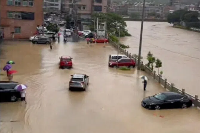 A screengrab from a video released on July 26 showing flooded streets in Puning, in China’s Guangdong province, after Typhoon Noul brought heavy torrential rain.