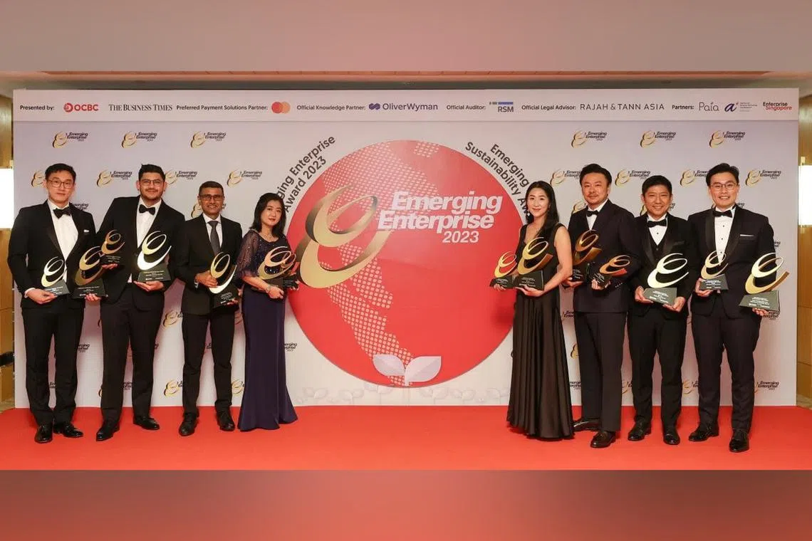 (From left) ProfilePrint COO Chin Kai Lun, Troopers Innovation COO Craig Goonting, Aprisium CEO Raghav Narayan, CoNEX Healthcare CEO Tan Swee Yen, N&E Innovations CEO Didi Gan, Flex Fuel Hydrogen Development CEO Steven Fong, Redex Group CEO Kang Jen Wee and NEU Battery Materials CEO Bryan Oh.