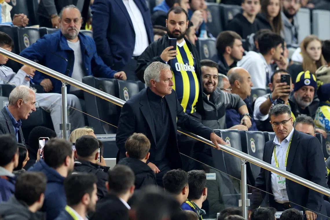 Fenerbahce coach Jose Mourinho in the stands after being sent off in the Europa League draw with his former club Manchester United.