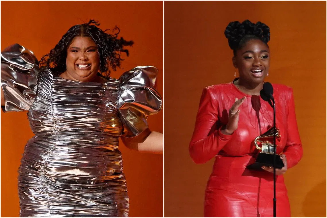 Lizzo (left) accepts the Record Of The Year award for About Damn Time while Samara Joy accepts the award for Best New Artiste.