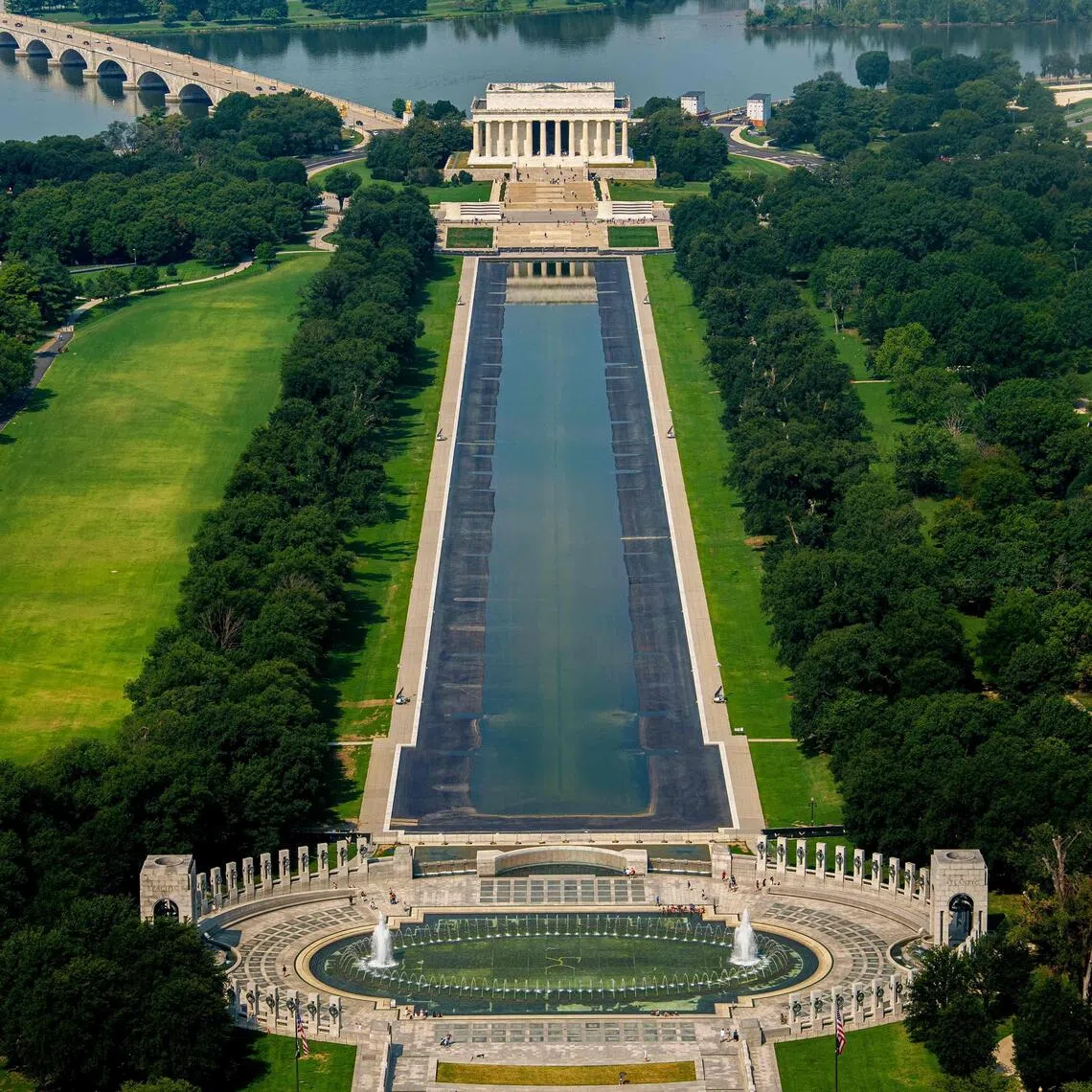 The Lincoln Memorial, Lincoln Memorial Reflecting Pool, Memorial Bridge, and the World War II Memorial are seen from the Washington Monument on Aug 10.