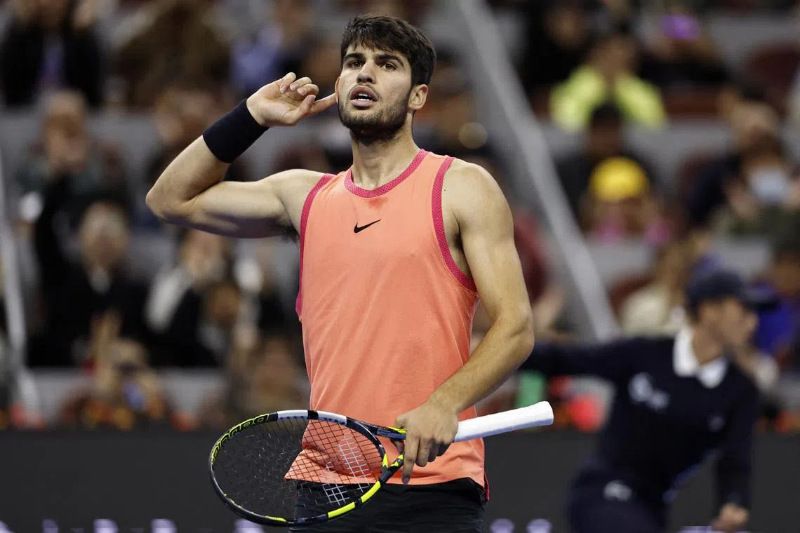 Tennis - China Open - China National Tennis Center, Beijing, China - October 2, 2024
Spain's Carlos Alcaraz reacts during his final match against Italy's Jannik Sinner REUTERS/Tingshu Wang