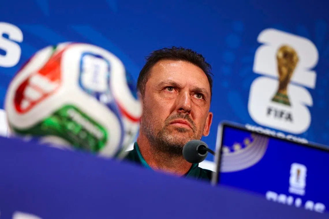 epa13081851 Australia's national soccer team head coach Tony Popovic attends a press conference in Dallas, Texas, USA, 02 July 2026. Australia will face Egypt on 03 July in a 2026 FIFA World Cup Round of 32 match.  EPA/CHRISTOPHER NEUNDORF