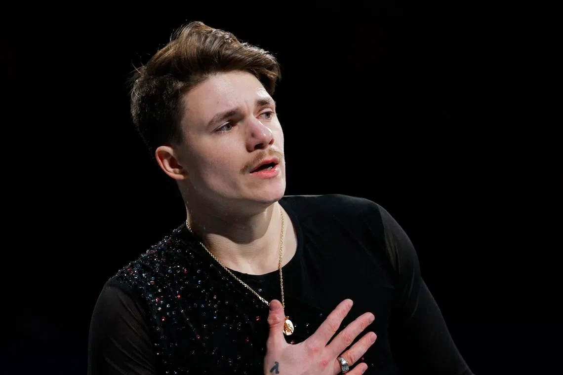 Figure Skating - ISU World Championships - TD Garden, Boston, Massachusetts, U.S. - March 30, 2025 Maxim Naumov of the U.S., a guest skater who's parents died in the Washington DC plane accident on January 29, 2025, performs during the exhibition gala REUTERS/Brian Snyder
