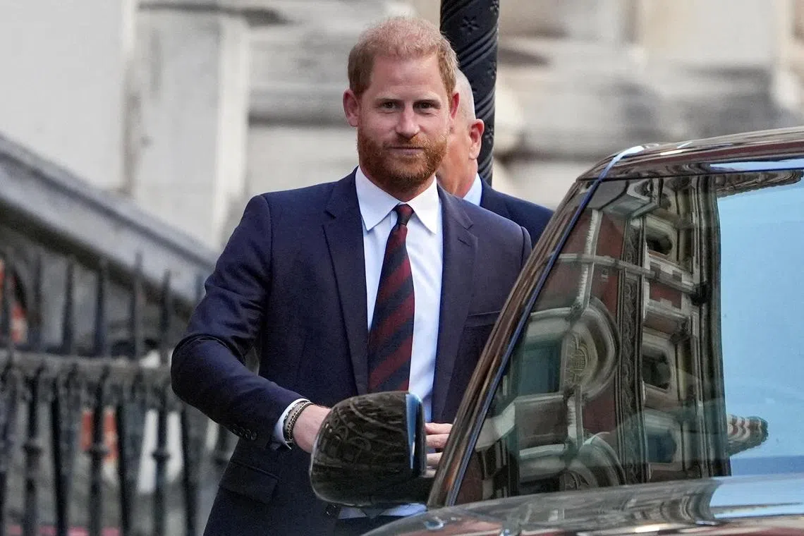 FILE PHOTO: Britain's Prince Harry departs after attending the High Court for his appeal against the rejection of his legal challenge to the British government's decision to take away his police protection when he is in Britain, in London, Britain, April 9, 2025. REUTERS/Maja Smiejkowska/File Photo