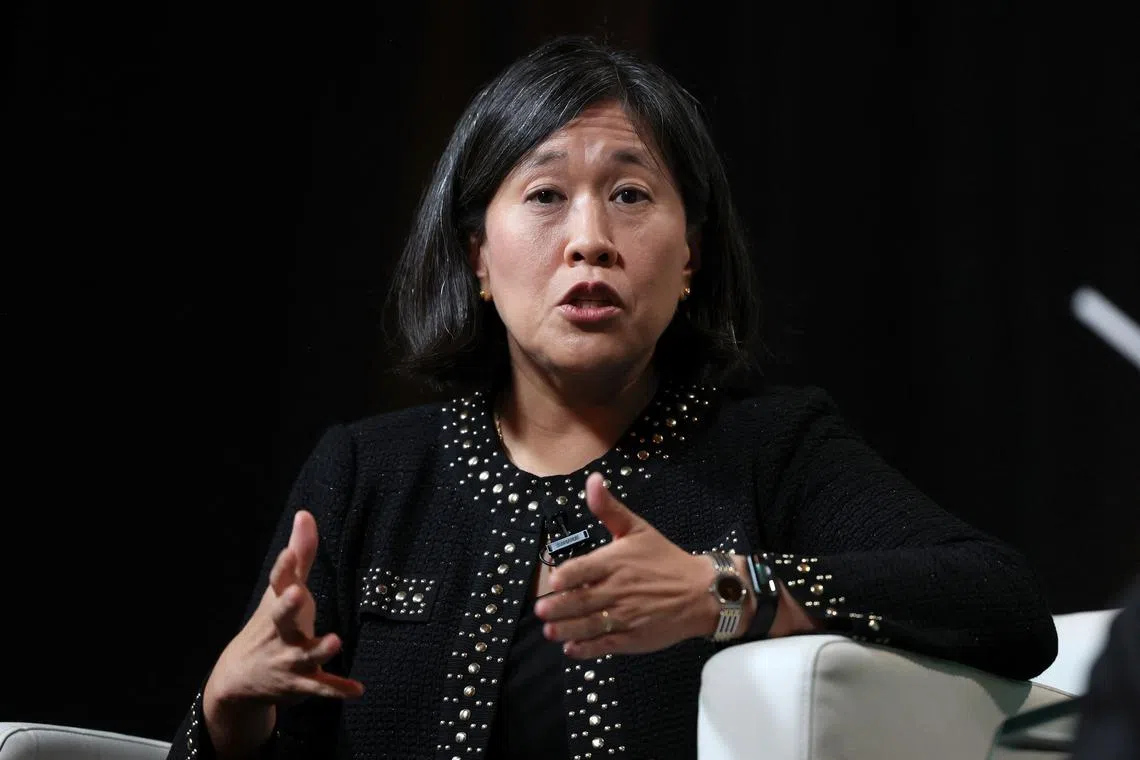 FILE PHOTO: U.S. Trade Representative Katherine Tai speaks during the Axios BFD event in New York City, U.S., October 12, 2023. REUTERS/Brendan McDermid/File Photo