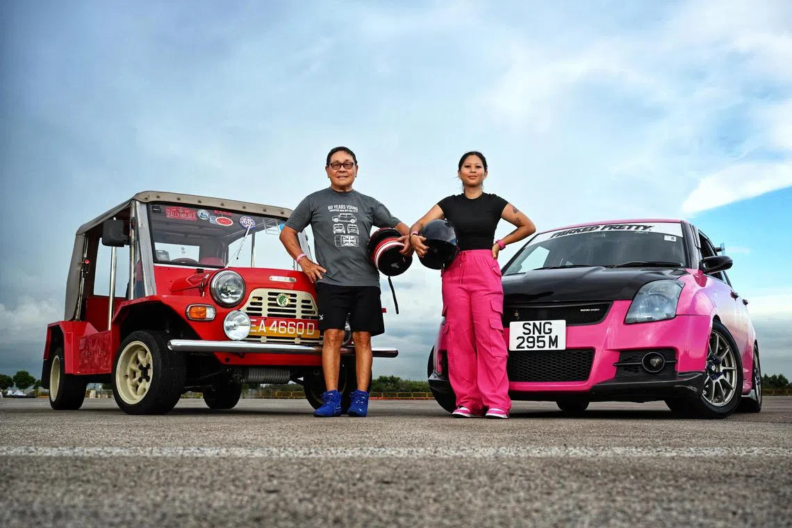 From left: The oldest participant, Eric Tiong, 76 with his 1972 Mini Moke and gymkhana rookie Shahfini Binte Saeful Mawar, 30 with her pink Suzuki Swift Sport at Changi Exhibition Centre during Sprint Fest Tryouts on May 24, 2025.