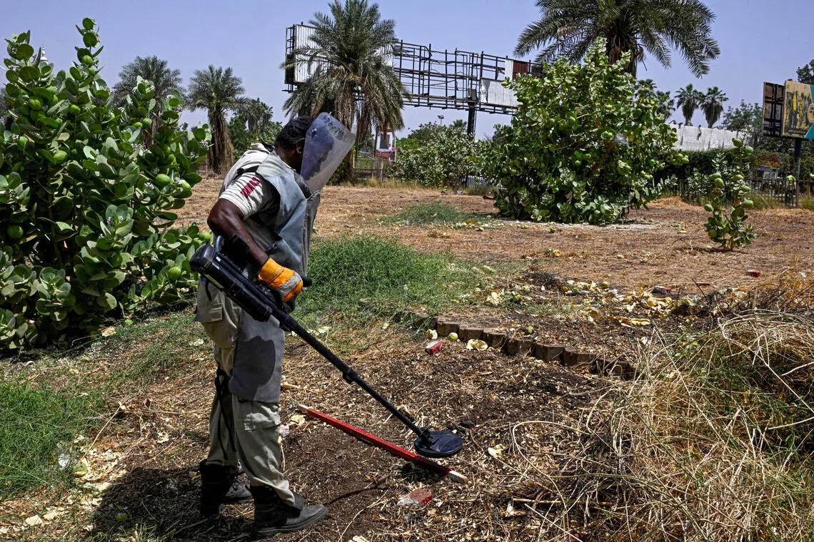 A member of the Danish Refugee Council and Jasmar Human Security Organization sweeps a metal detector as he searches for land mines in Al-Mugran Park in Khartoum on April 19.