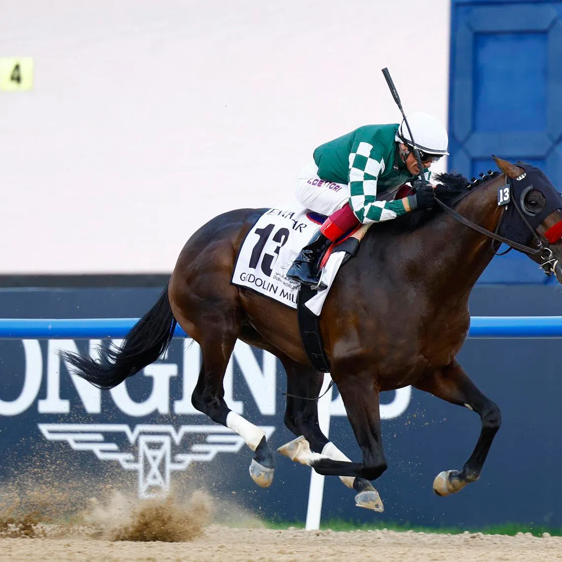 Horse Racing - Dubai World Cup - Meydan Racecourse, Dubai, United Arab Emirates - April 5, 2025 Frankie Dettori riding Raging Torrent in action on their way to winning the 17:45 Godolphin Mile REUTERS/Rula Rouhana