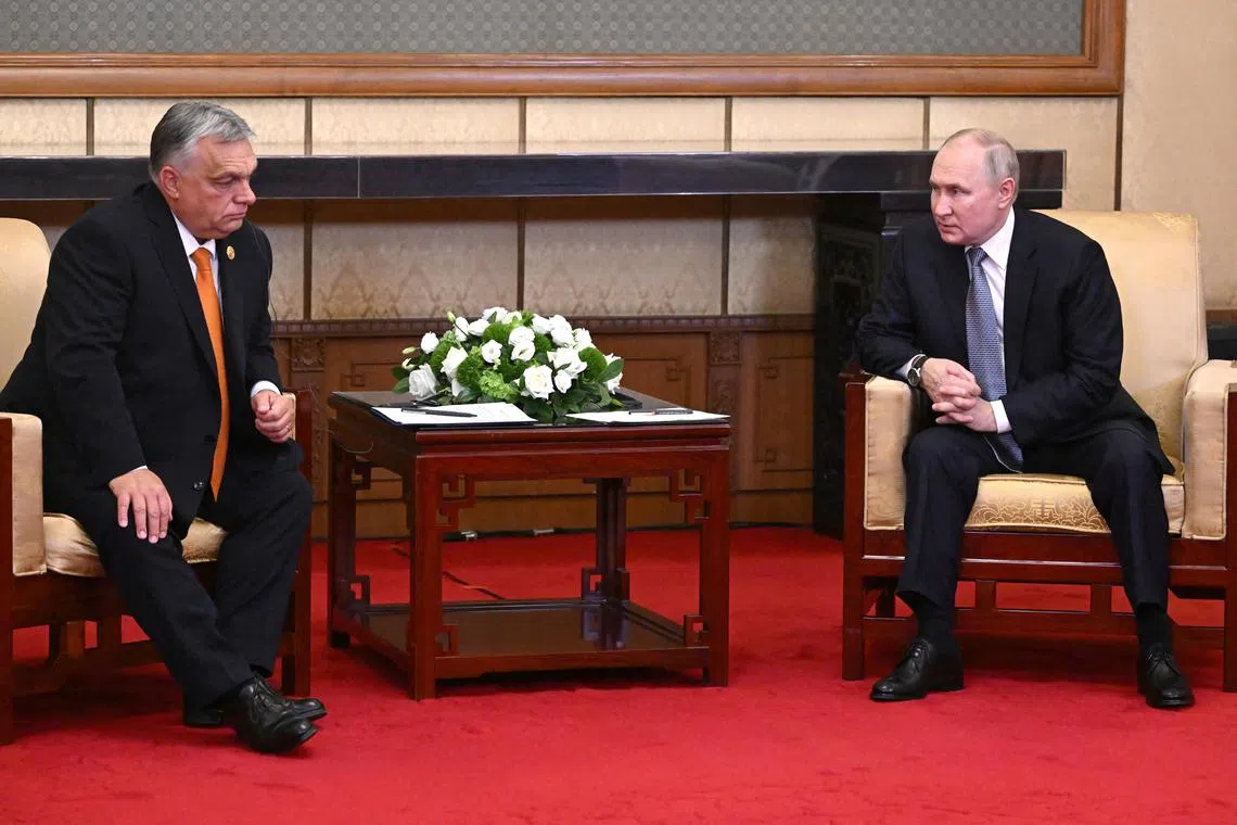 FILE PHOTO: Russian President Vladimir Putin attends a meeting with Hungarian Prime Minister Viktor Orban ahead of the Belt and Road Forum in Beijing, China, October 17, 2023. Sputnik/Grigory Sysoyev/Pool via REUTERS/File Photo