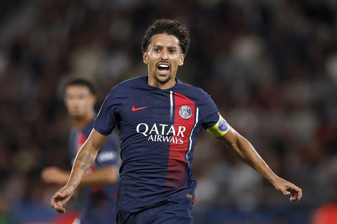 FILE PHOTO: Soccer Football - France - Ligue 1 - Paris St Germain v RC Lens - Parc des Princes, Paris, France - August 26, 2023 Paris St Germain's Marquinhos reacts REUTERS/Benoit Tessier/File Photo