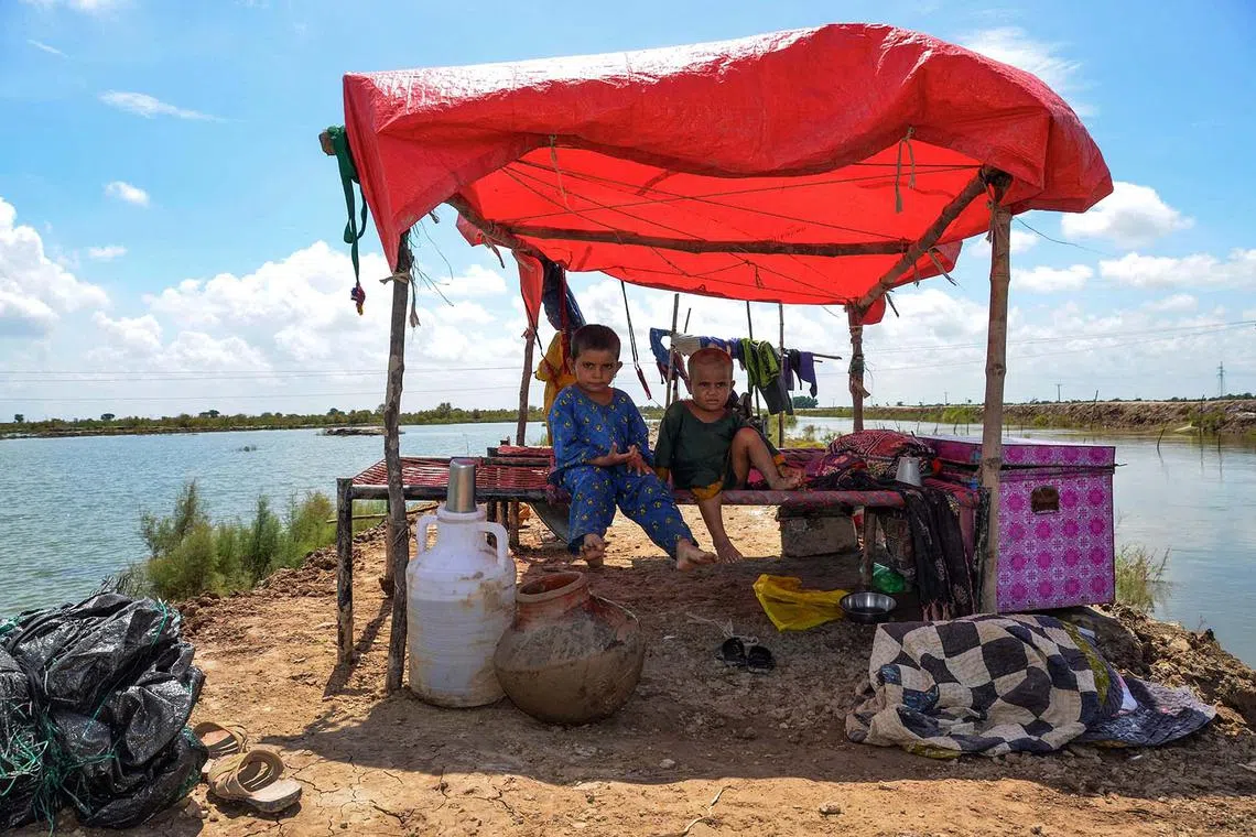Children displaced by flood, sitting in a make-shift tent after heavy monsoon rains at Sohbatpur in Jaffarabad district, Balochistan province in Pakistan on Aug 19, 2024. 