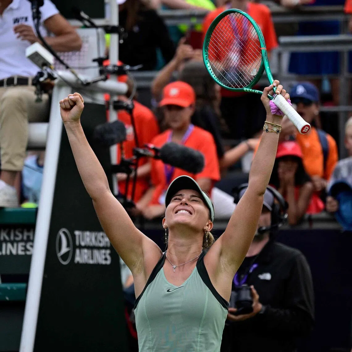 Spain's Paula Badosa celebrates after winning against USA's Coco Gauff during the women's singles round of 16 tennis match at the WTA 500 Berlin Tennis Open tournament.