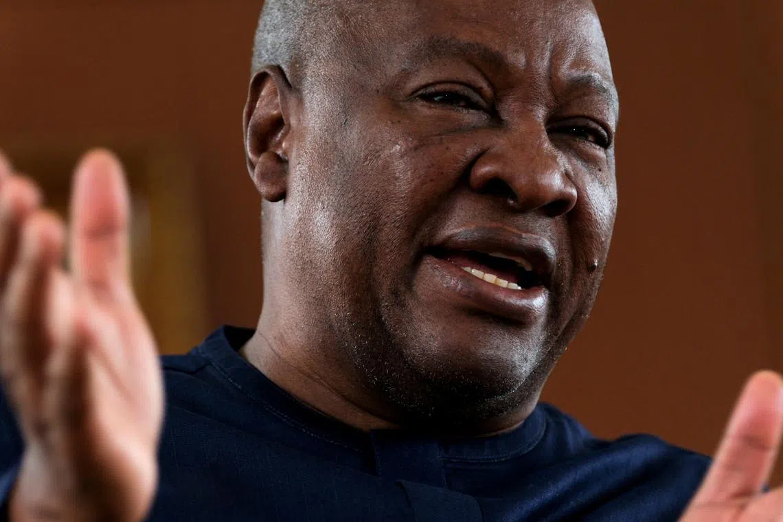 FILE PHOTO: Ghana's former president and current main opposition National Democratic Congress (NDC) party presidential candidate John Dramani Mahama, 65, speaks with Reuters in his office ahead of the launch of his political campaign, in Accra, Ghana, July 25, 2024. REUTERS/Francis Kokoroko/File Photo