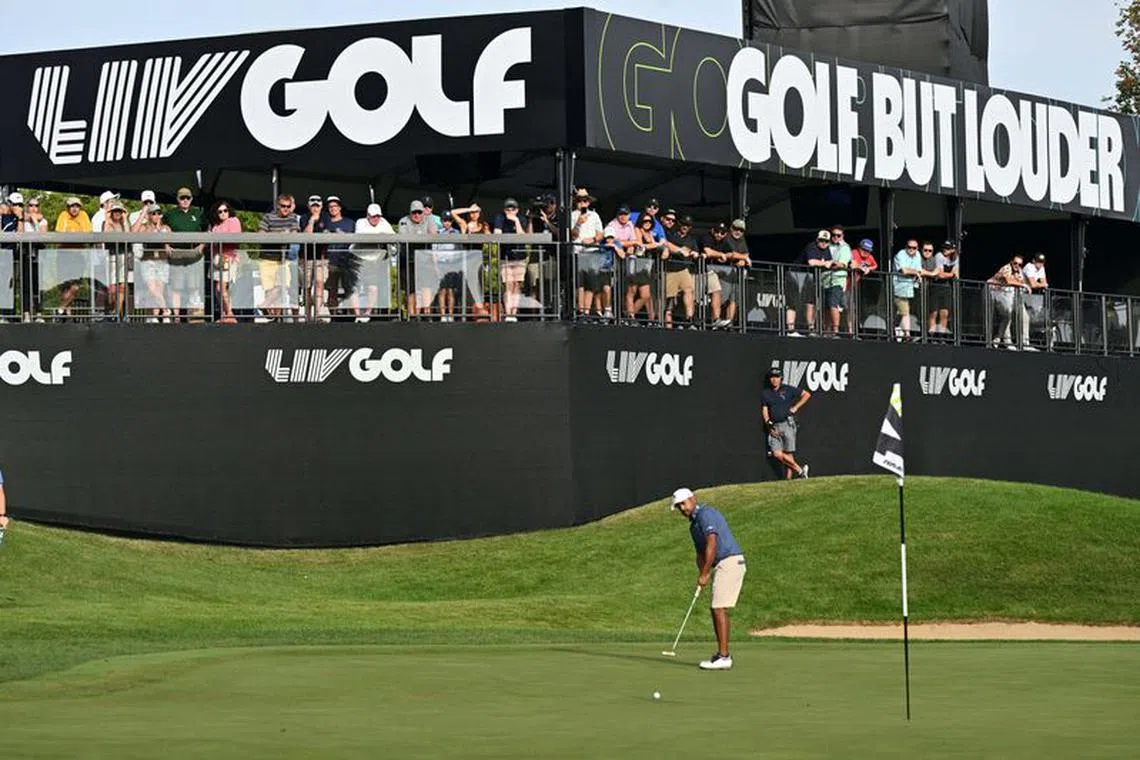 FILE PHOTO: Sep 24, 2023; Sugar Grove, Illinois, USA; Anirban Lahiri putts on the 16th green during the final round of the LIV Golf Chicago golf tournament at Rich Harvest Farms. Mandatory Credit: Jamie Sabau-USA TODAY Sports/File Photo