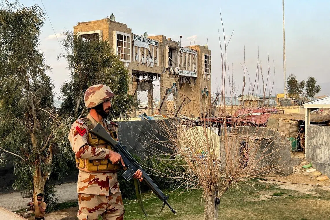A soldier stands guard at a post at the Friendship Gate, following exchanges of fire between Pakistan and Afghanistan forces, at the border crossing between the two countries in Chaman, Pakistan.