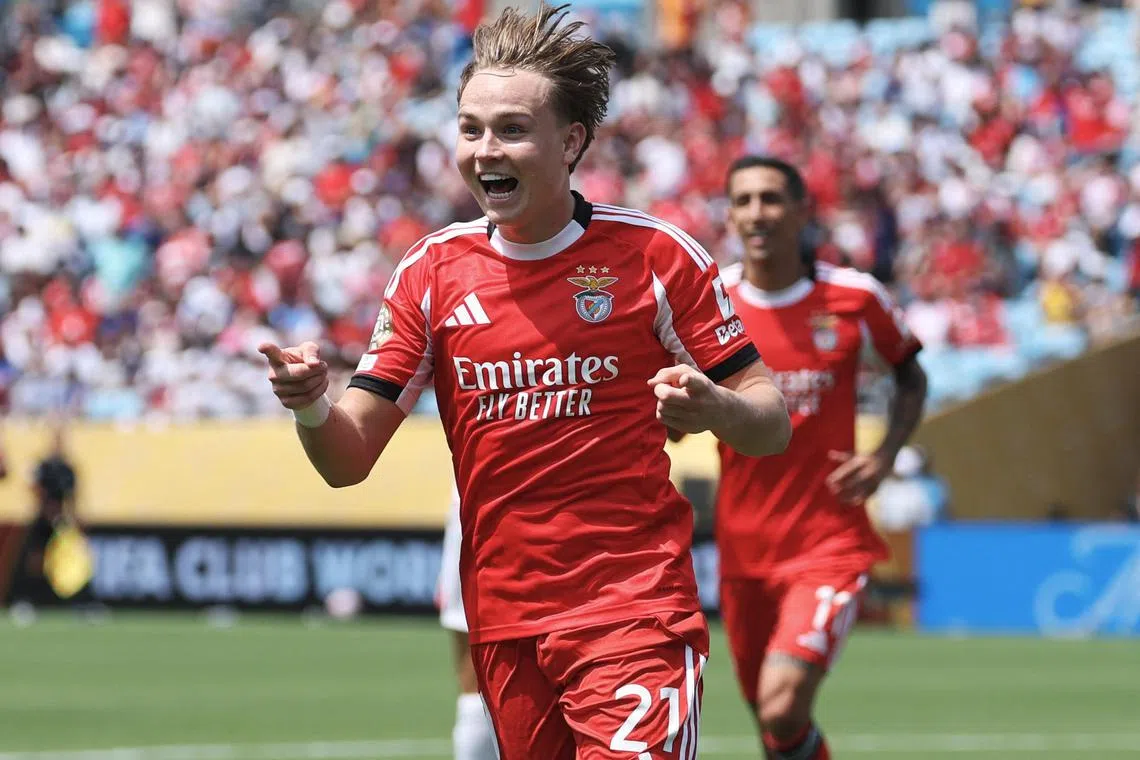 Benfica's Andreas Schjelderup celebrates scoring his team's first goal - the only goal of the match - against Bayern Munich.
