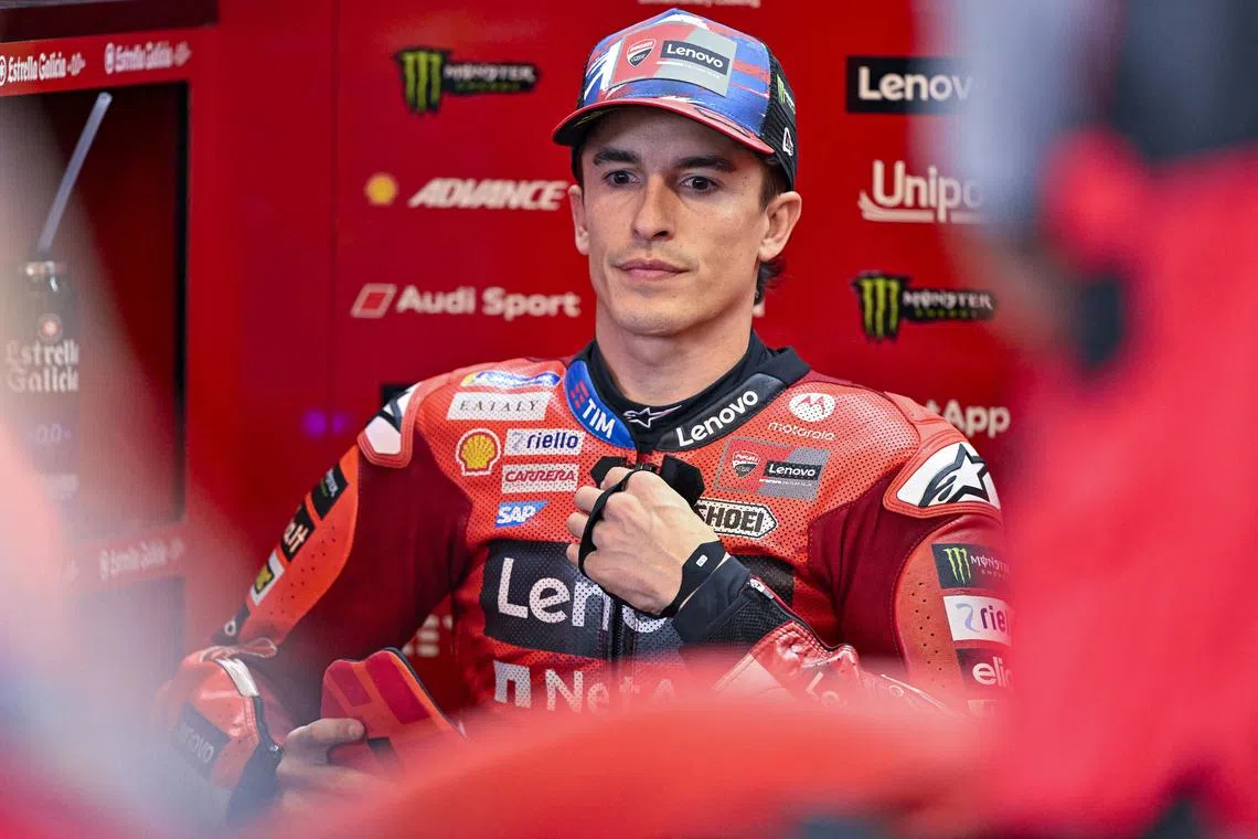 Mar 30, 2025; Austin, TX, USA; Marc Marquez (93) of Spain and Ducati Lenovo Team looks on before the start of the 2025 Grand Prix of the Americas at Circuit of The Americas. Mandatory Credit: Jerome Miron-Imagn Images/File Photo