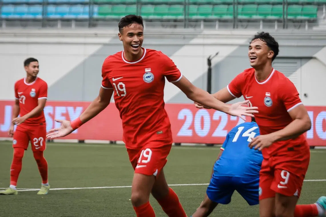 Singapore’s Ilhan Fandi celebrating after scoring his first international goal against the Maldives in a friendly on Saturday at Jalan Besar Stadium.