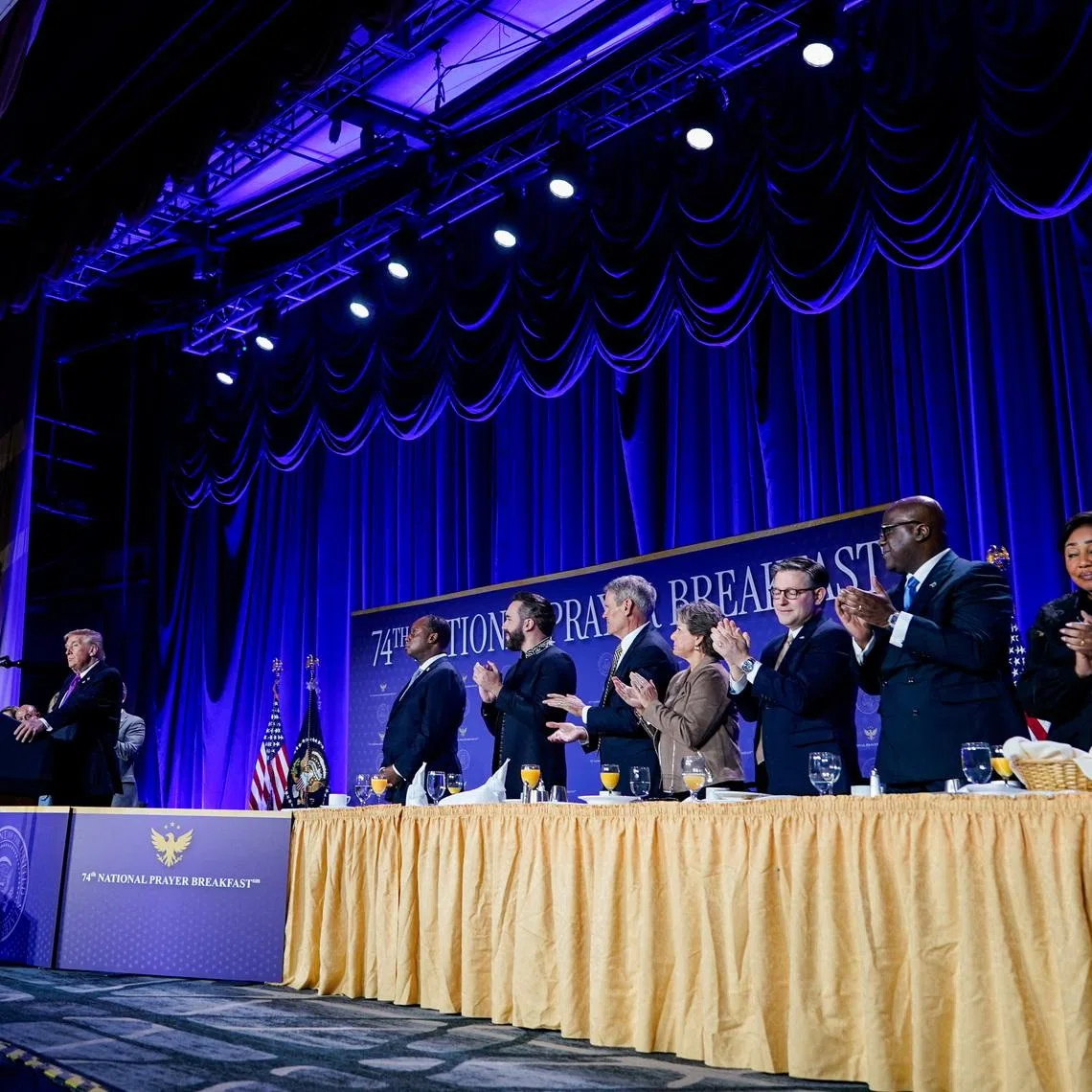 U.S. President Donald Trump receives a standing ovation as he speaks during the National Prayer Breakfast in Washington, D.C., U.S., February 5, 2026. REUTERS/Al Drago