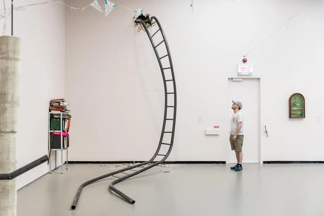 A visitor views Jesse Darling’s artwork at the Towner Eastbourne art museum in Easborne, England on Oct. 10, 2023. The artist won the major British art award on Tuesday for works that warp commonplace items into “something you’ve never seen before.” (Jeremie Souteyrat/The New York Times)