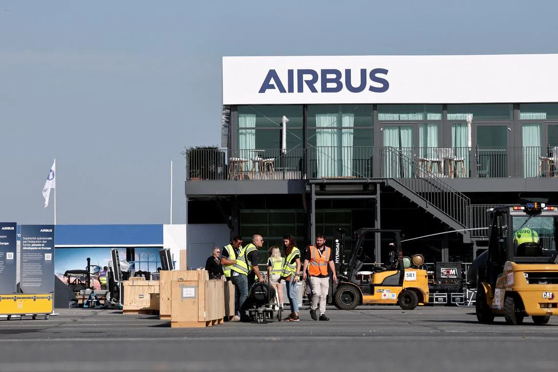 An Airbus logo is seen before the opening of the 55th International Paris Airshow at Le Bourget Airport near Paris, France, June 13, 2025. REUTERS/Benoit Tessier