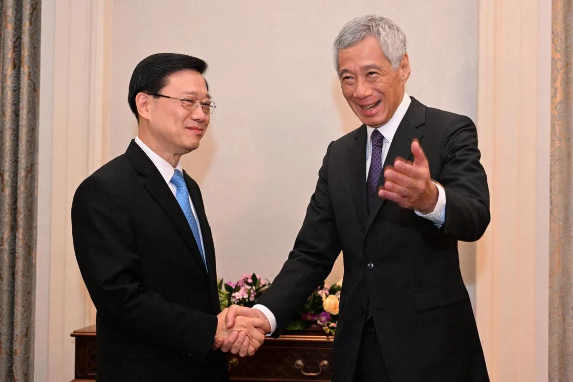 ST PHOTO: Chong Jun Liang

From left: Chief Executive of Hong Kong John Lee calls on PM Lee Hsien Loong at the Istana on July 24, 2023. 

*****

Hong Kong SAR’s Chief Executive John Lee will be visiting Singapore from 23 to 25 July 2023, and will be calling on Prime Minister Lee Hsien Loong at the Istana on Monday, 24 July 2023. (Reporting time is 10.30am. Pls bring press card)