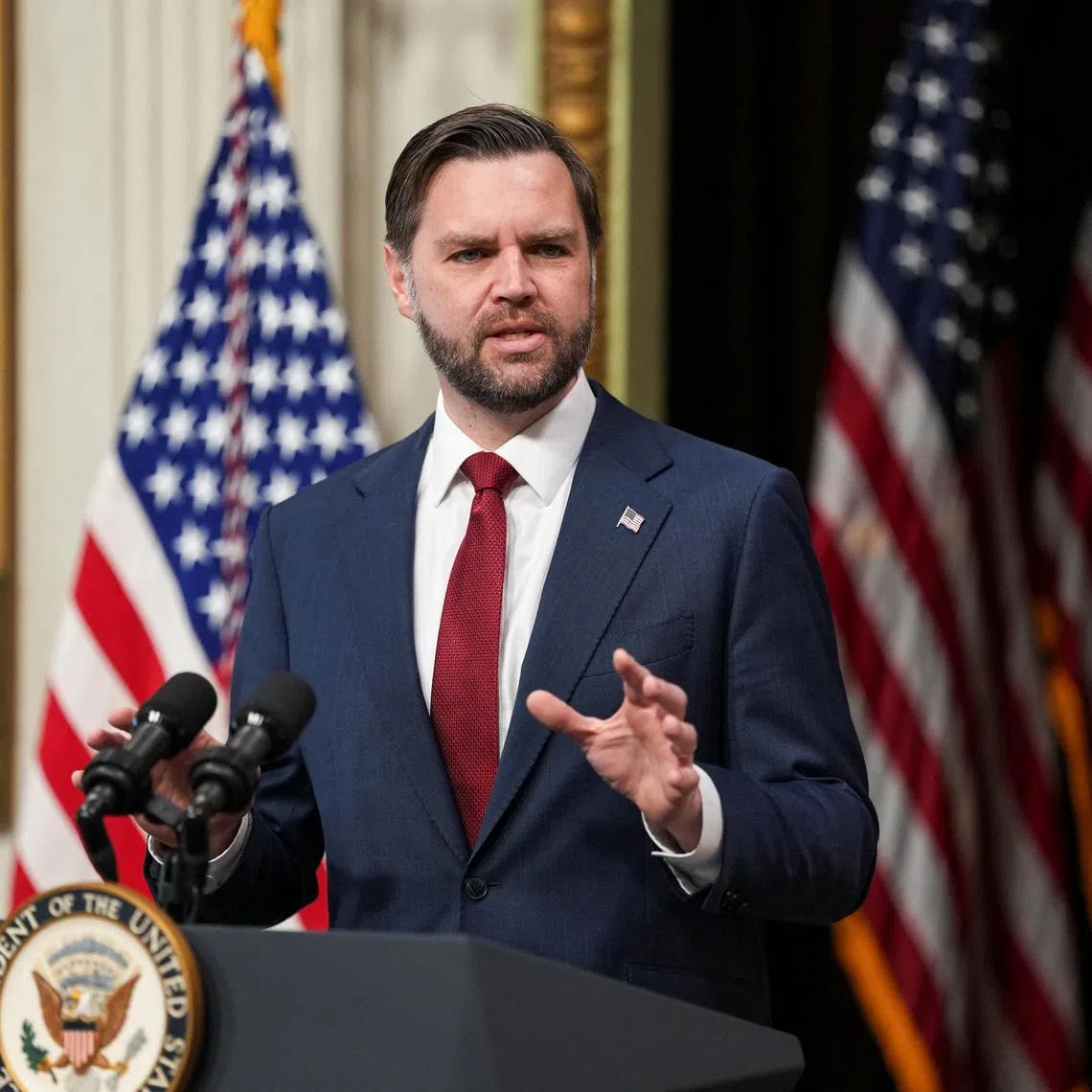 U.S. Vice President JD Vance delivers a speech on the day he administers the oath of office to Colin McDonald, the U.S. Assistant Attorney General in charge of fraud enforcement, in the Indian Treaty Room of the Eisenhower Executive Office Building (EEOB) on the White House campus in Washington, D.C., U.S., April 1, 2026. REUTERS/Ken Cedeno