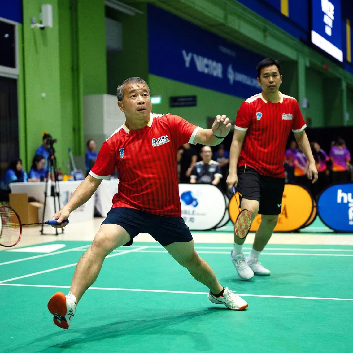 Minister for Law and Second Minister for Home Affairs Edwin Tong (left) teamed up with Indonesia’s 2008 Olympic champion Hendra Setiawan to play a friendly against Singapore’s Olympian Terry Hee and PT Djarum chief executive officer Victor Hartono to help raise awareness for different causes such as seniors, youths, former offenders and adults with intellectual disabilities at the Antica Singapore International Challenge at the Wyse Active Hub.