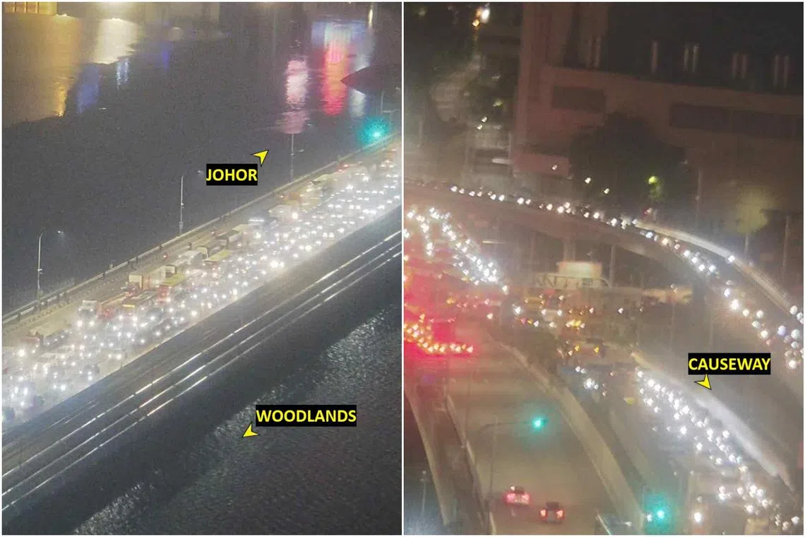 The live camera feed on the One Motoring portal showed heavy congestion stretching across the Causeway from Johor for much of Tuesday.
