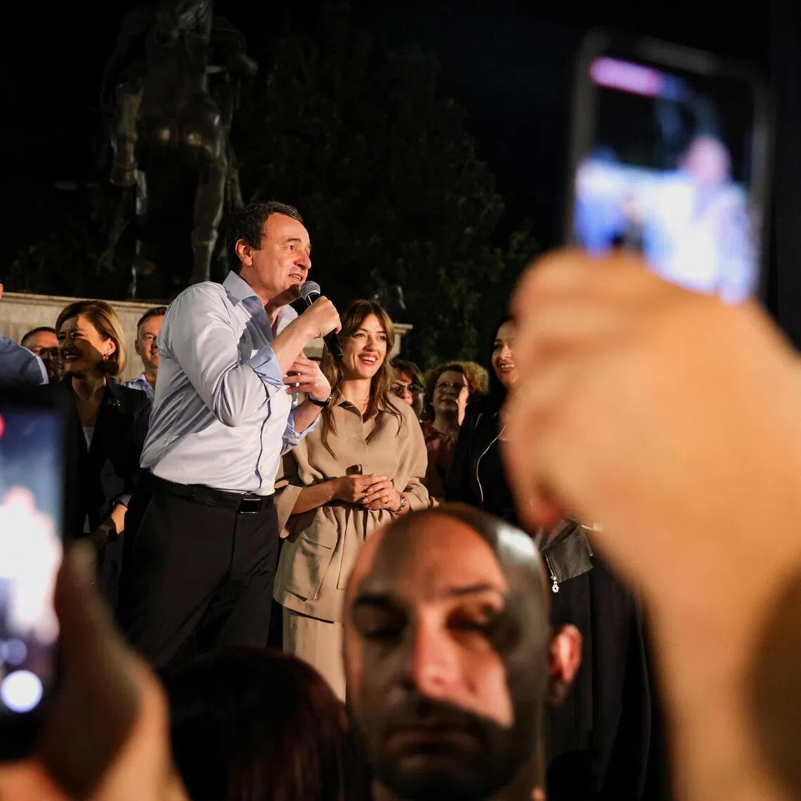 Kosovo's acting Prime Minister and Levizja Vetevendosje (Movement for Self-Determination) party leader Albin Kurti addresses supporters following a snap parliamentary election, in Pristina, Kosovo, on June 8, 2026.