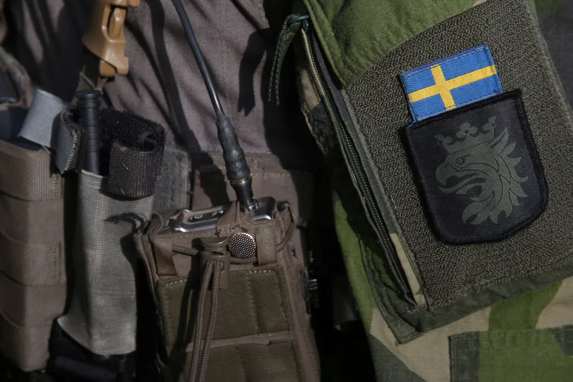 A view of a military badge with the Swedish flag on the uniform of a soldier taking part in exercises near Revingehed, Sweden, October 23, 2024. REUTERS/Tom Little/File Photo