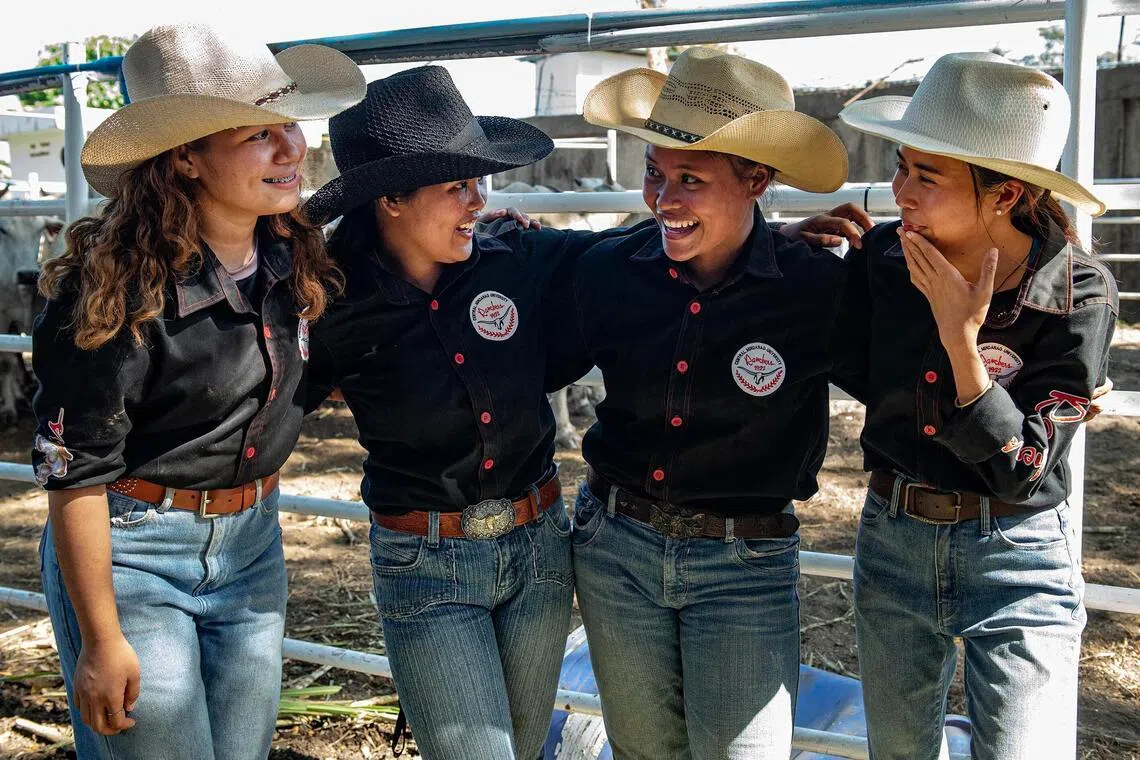 Central Mindanao University’s all-female team members (from left) Abegail Liwanag, Biverlie Bermudez, Regine Dangangon, and Jane Responte smiling after their successful run at the casting down event at Rodeo Masbateno on April 14.