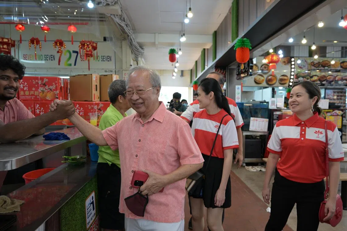 Dr Tan Cheng Bock of the Progress Singapore Party (PSP) greets residents at a walkabout in West Coast GRC, on Jan 27, 2024. 