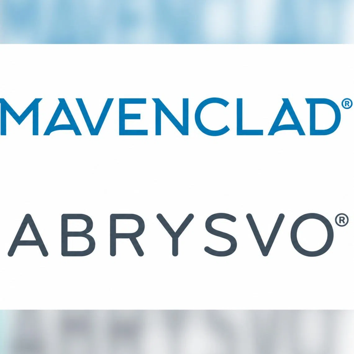 Pfizer’s ABRYSVO and Merck’s MAVENCLAD logos both feature circular motifs, but differ in wording and colour.