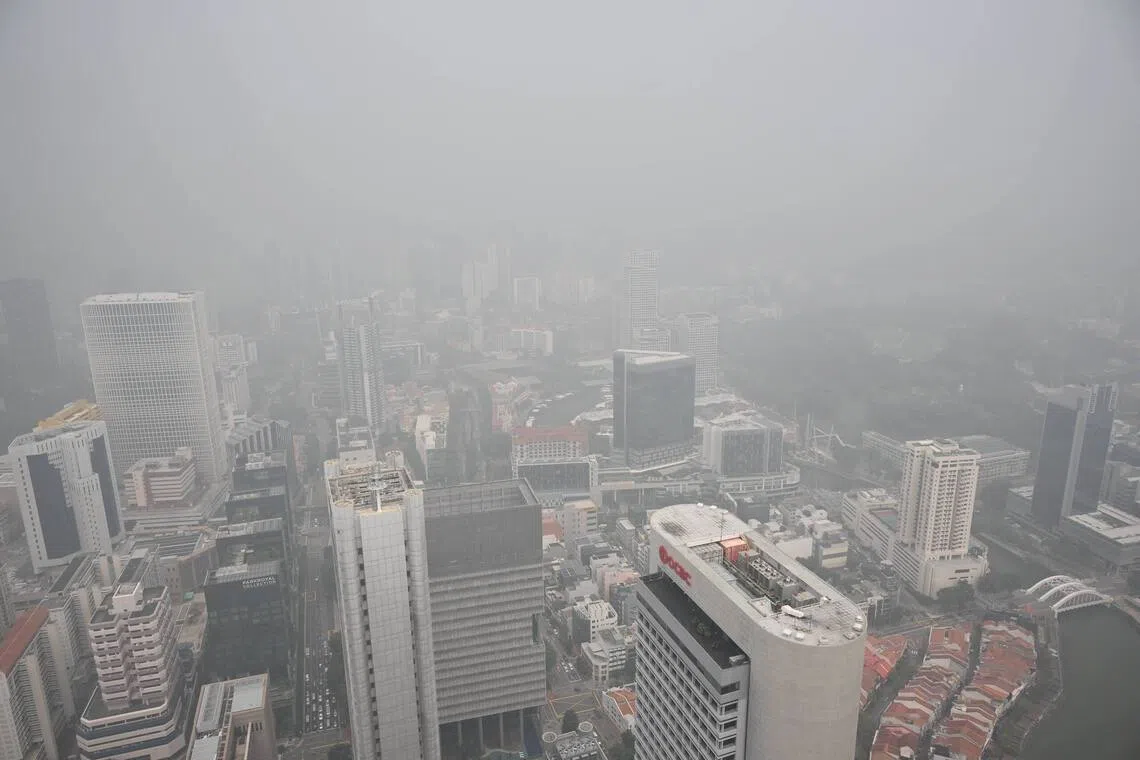 Chinatown, Clarke Quay and Fort Canning area at 11.20am as viewed from CapitaSpring on Oct 16..