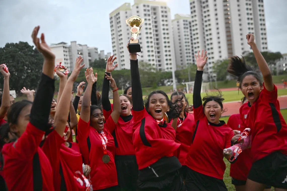 Meridian Secondary School players celebrating after winning the finals against Tampines Secondary School during the National School Games Girl's Football B Division, at Bedok Stadium on Mar 7, 2023.