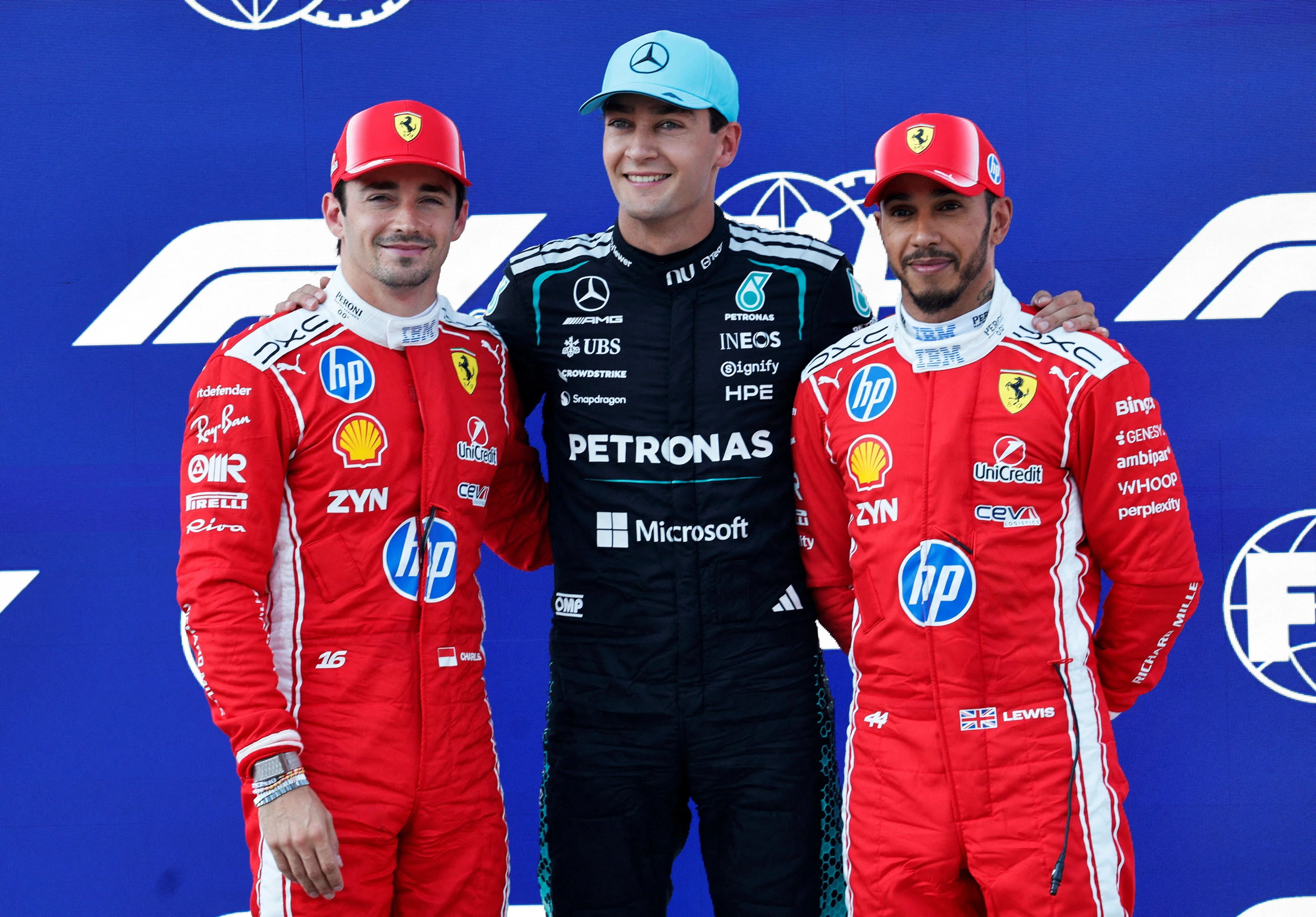 Formula One F1 - Austrian Grand Prix - Red Bull Ring, Spielberg, Austria - June 27, 2026
Mercedes' George Russell celebrates after qualifying in pole position with second place Ferrari's Charles Leclerc and third place Ferrari's Lewis Hamilton REUTERS/Lisa Leutner     TPX IMAGES OF THE DAY