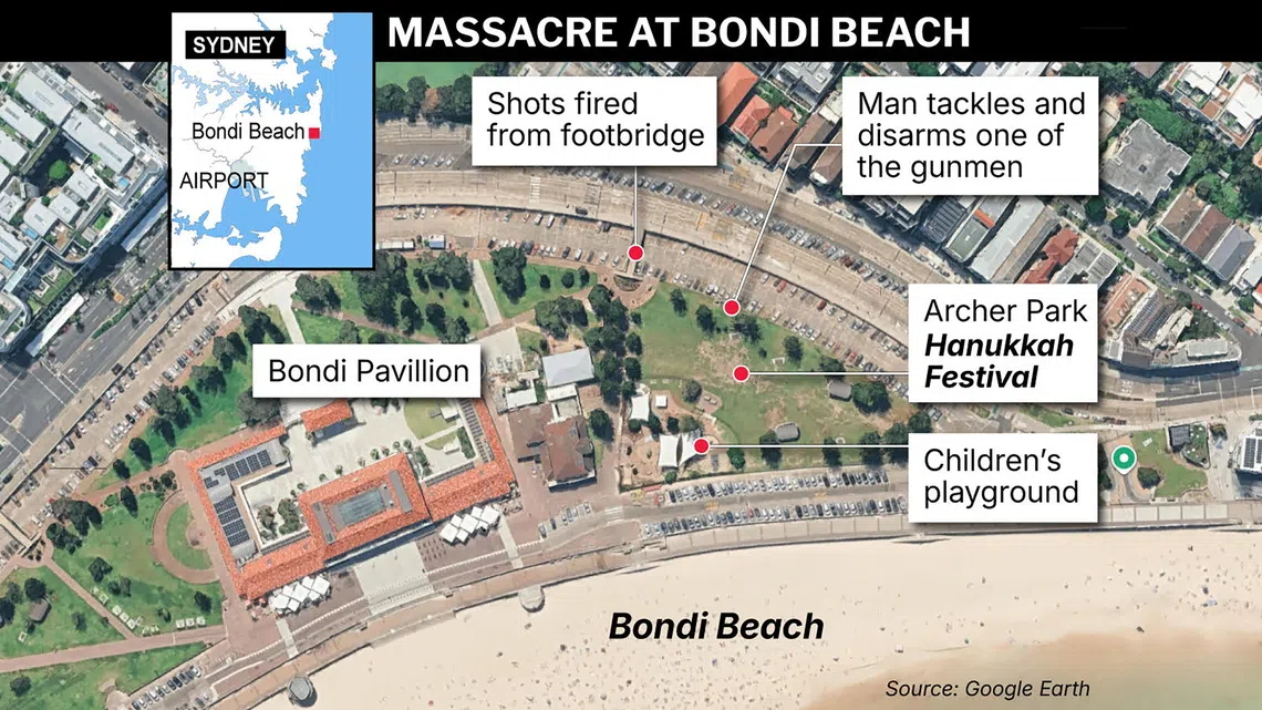 Map of locations involved in the shooting at Bondi Beach in Sydney, Australia, 14 December 2025.