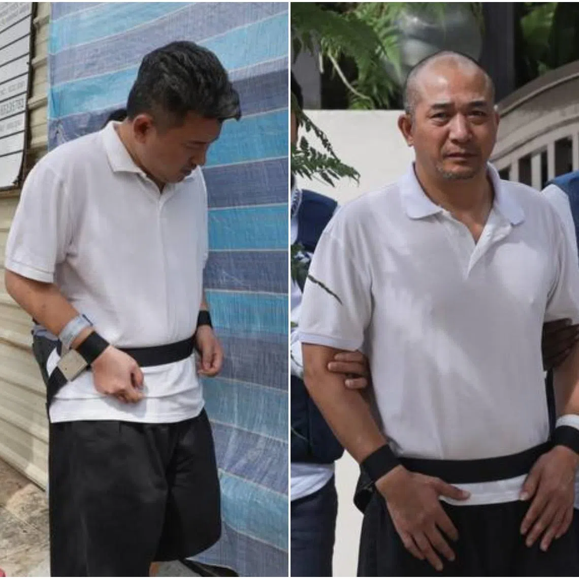 Police bringing Chinese nationals Feng Yunlong (left) and Zhang Yongxiang to the scene of an alleged housebreaking at Greenleaf View on Dec 26.