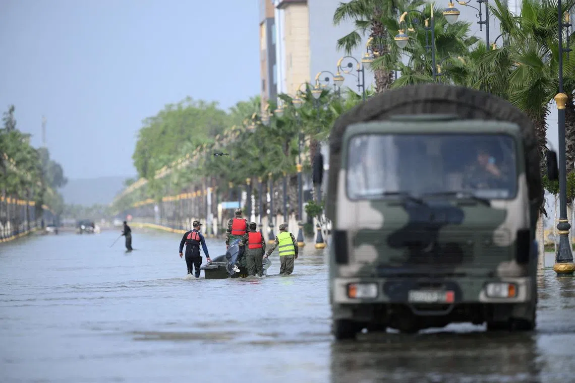 FILE PHOTO: Royal Armed Forces and civil authorities work together to address flooding risks amid rising waters in the Loukkos River, in Ksar El Kebir, Morocco, January 31, 2026. Moroccan authorities/Handout via REUTERS