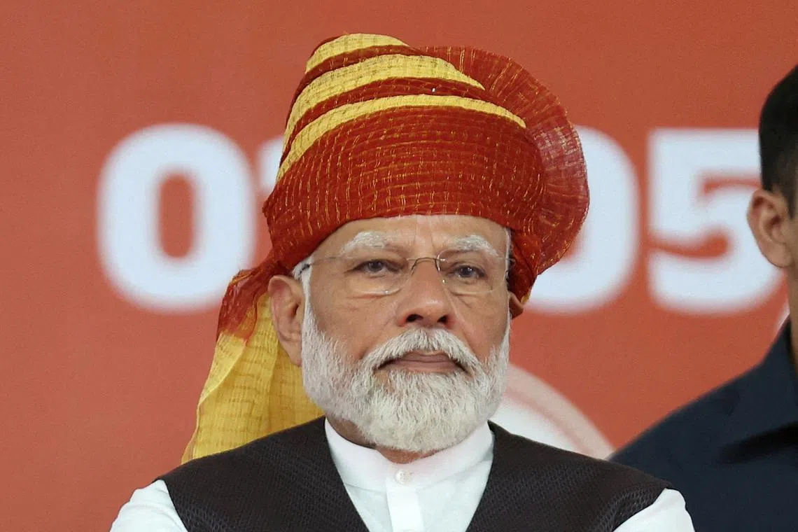FILE PHOTO: India's Prime Minister Narendra Modi looks on during an election campaign rally in Himmatnagar, India, May 1, 2024. REUTERS/Amit Dave/File Photo