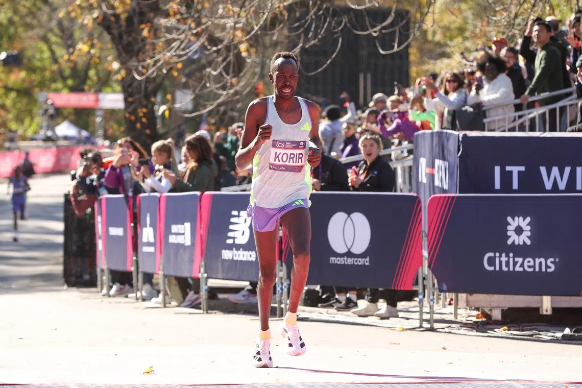 FILE PHOTO: Nov 3, 2024; New York, NY, USA;  Albert Korir of Kenya finishes third in the professional men’s division of the New York City Marathon. Mandatory Credit: Thomas Salus-Imagn Images/File Photo